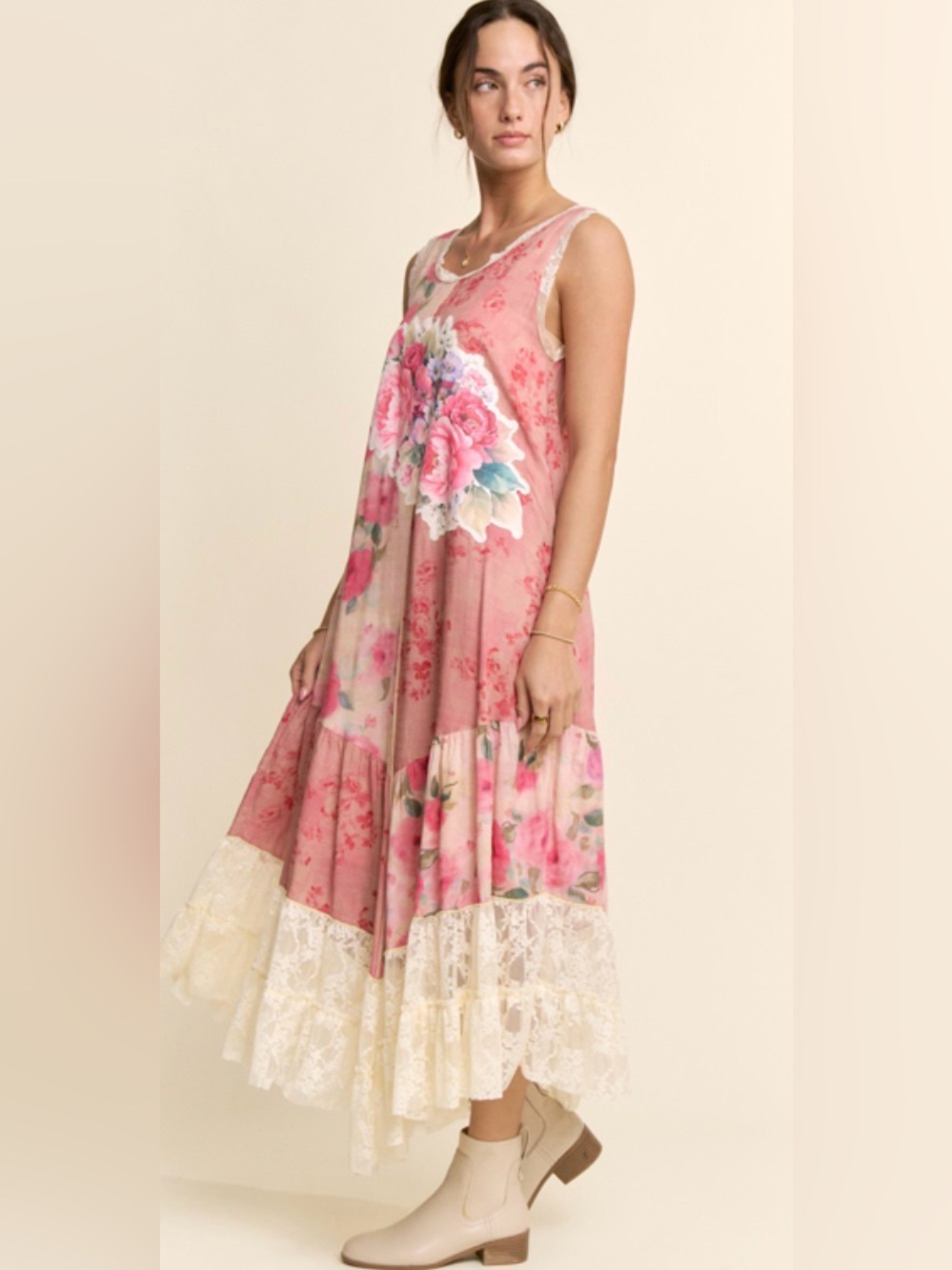 Davi & Dani PRINT FLORAL PATCHWORK LACE TIERED DRESS
